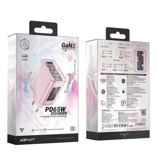 Acumulator pentru Priza, 2 X USB-C, USB, GaN, PD65W - Acesfast (A45) - Cherry Blossom Acumulator pentru Priza, 2 X USB-C, USB, GaN, PD65W - Acesfast (A45) - Cherry Blossom