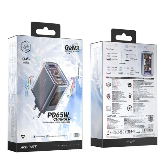 Acumulator pentru Priza, 2 X USB-C, USB, GaN, PD65W - Acesfast (A45) - Gray Acumulator pentru Priza, 2 X USB-C, USB, GaN, PD65W - Acesfast (A45) - Gray