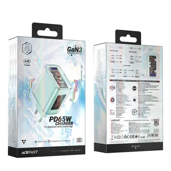 Acumulator pentru Priza, 2 X USB-C, USB, GaN, PD65W - Acesfast (A45) - Mountain mist