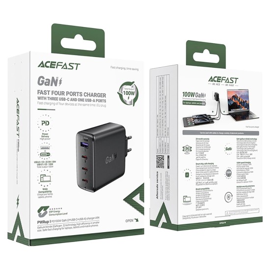 Acumulator pentru Priza EU, 3x Type-C, USB-A, GaN2, PD100W, Universal - Acefast (A94) - Black