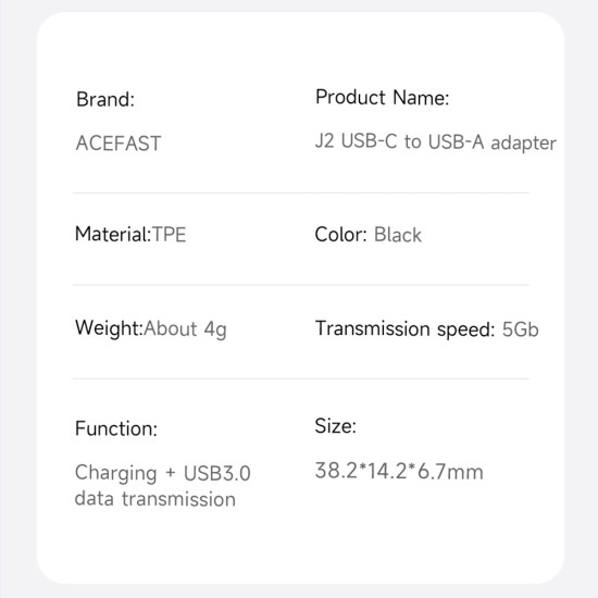 Adaptor Fast Charging, Type-C to USB 3.0, Data Transmission, 5Gbps - Acefast (J2) - Black