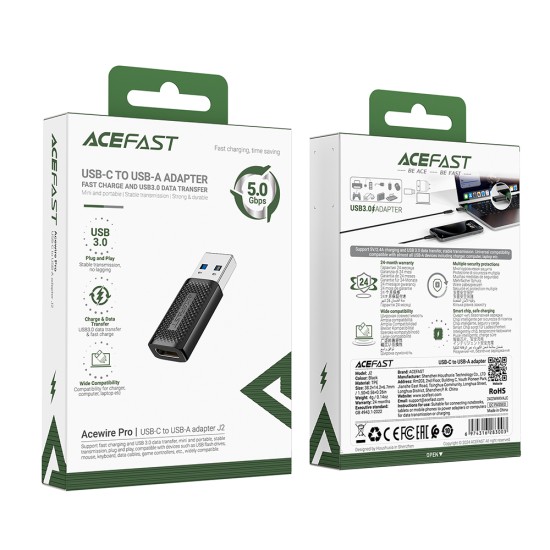 Adaptor Fast Charging, Type-C to USB 3.0, Data Transmission, 5Gbps - Acefast (J2) - Black