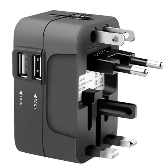 Adaptor pentru Priza 2 x USB, EU, UK, AUS, US - Techsuit (HHT202) - Black