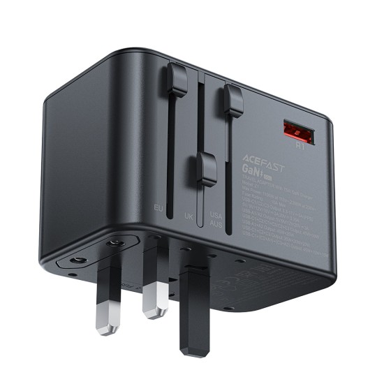 Adaptor pentru Priza 3x Type-C, EU, UK, AUS, US, GaN, PD75W - Acefast (Z1) - Black Adaptor pentru Priza 3x Type-C, EU, UK, AUS, US, GaN, PD75W - Acefast (Z1) - Black