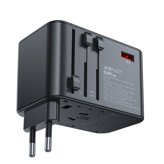 Adaptor pentru Priza 3x Type-C, EU, UK, AUS, US, GaN, PD75W - Acefast (Z1) - Black Adaptor pentru Priza 3x Type-C, EU, UK, AUS, US, GaN, PD75W - Acefast (Z1) - Black