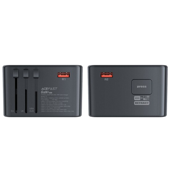 Adaptor pentru Priza 3x Type-C, EU, UK, AUS, US, GaN, PD75W - Acefast (Z1) - Black Adaptor pentru Priza 3x Type-C, EU, UK, AUS, US, GaN, PD75W - Acefast (Z1) - Black