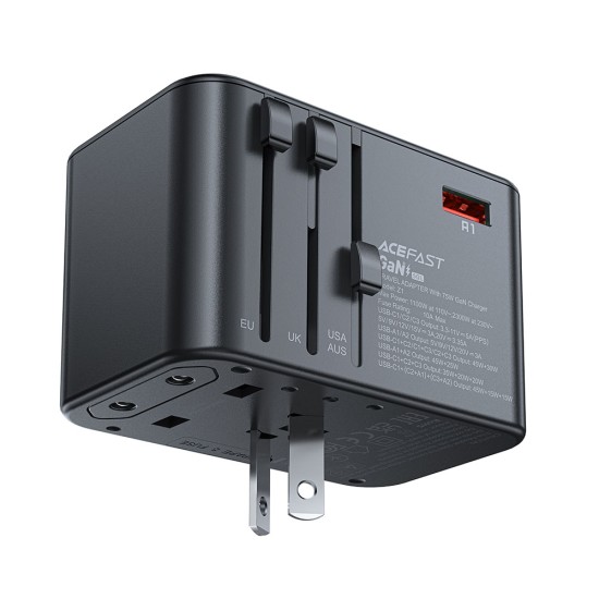 Adaptor pentru Priza 3x Type-C, EU, UK, AUS, US, GaN, PD75W - Acefast (Z1) - Black Adaptor pentru Priza 3x Type-C, EU, UK, AUS, US, GaN, PD75W - Acefast (Z1) - Black