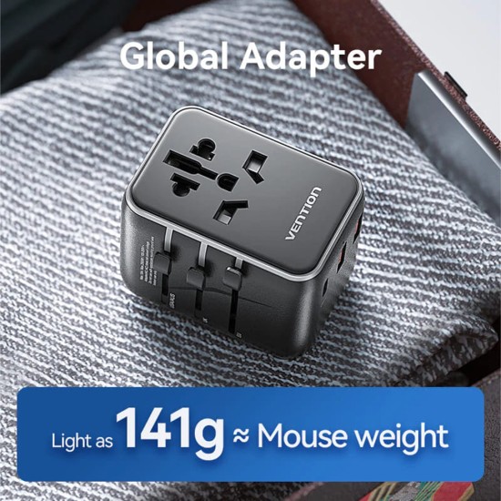 Adaptor pentru Priza EU la US, UK, AUS, Type-C, 2x USB, Fast Charging, 20W - Vention (FJEB0) - Black Adaptor pentru Priza EU la US, UK, AUS, Type-C, 2x USB, Fast Charging, 20W - Vention (FJEB0) - Black