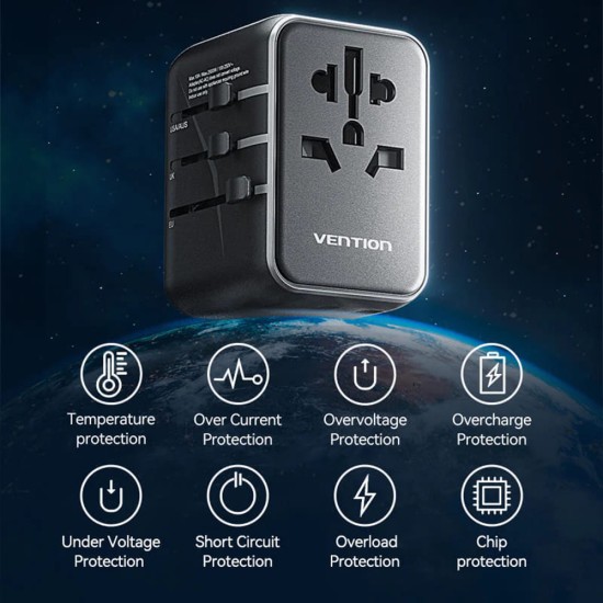 Adaptor pentru Priza EU la US, UK, AUS, Type-C, 2x USB, Fast Charging, 20W - Vention (FJEB0) - Black Adaptor pentru Priza EU la US, UK, AUS, Type-C, 2x USB, Fast Charging, 20W - Vention (FJEB0) - Black