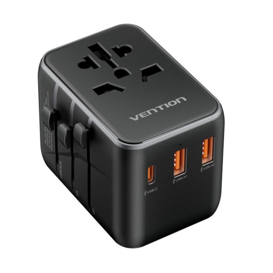 Adaptor pentru Priza EU la US, UK, AUS, Type-C, 2x USB, Fast Charging, 20W - Vention (FJEB0) - Black Adaptor pentru Priza EU la US, UK, AUS, Type-C, 2x USB, Fast Charging, 20W - Vention (FJEB0) - Black