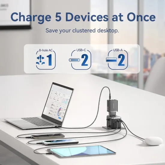 Adaptor Universal Priza EU, UK, AUS, US, 2x USB-C, 2x USB, GaN, 65W, Fast Charging - Vention (FJFB0) - Black Adaptor Universal Priza EU, UK, AUS, US, 2x USB-C, 2x USB, GaN, 65W, Fast Charging - Vention (FJFB0) - Black