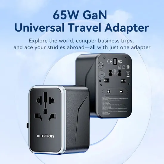 Adaptor Universal Priza EU, UK, AUS, US, 2x USB-C, 2x USB, GaN, 65W, Fast Charging - Vention (FJFB0) - Black Adaptor Universal Priza EU, UK, AUS, US, 2x USB-C, 2x USB, GaN, 65W, Fast Charging - Vention (FJFB0) - Black