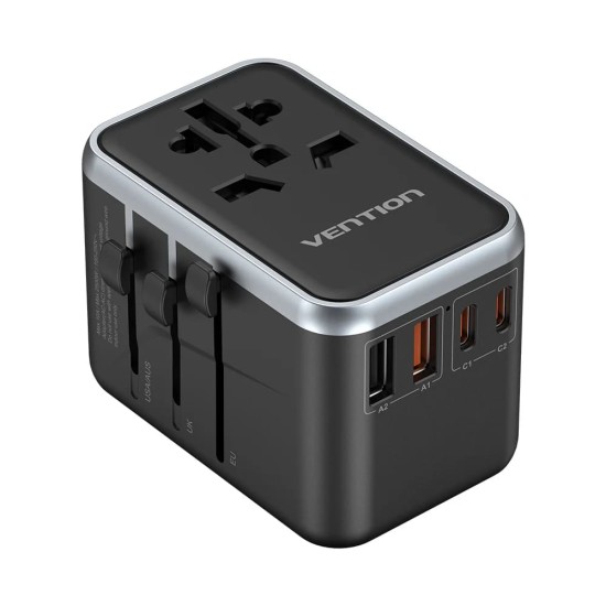 Adaptor Universal Priza EU, UK, AUS, US, 2x USB-C, 2x USB, GaN, 65W, Fast Charging - Vention (FJFB0) - Black