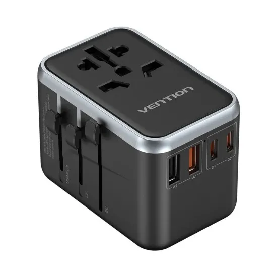 Adaptor Universal Priza EU, UK, AUS, US, 2x USB-C, 2x USB, GaN, 65W, Fast Charging - Vention (FJFB0) - Black Adaptor Universal Priza EU, UK, AUS, US, 2x USB-C, 2x USB, GaN, 65W, Fast Charging - Vention (FJFB0) - Black