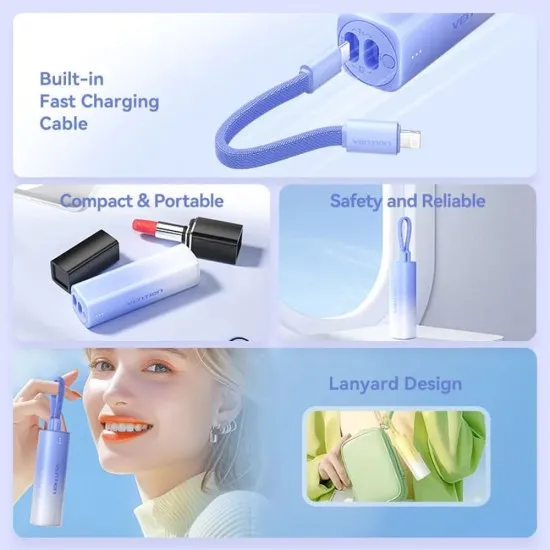 Baterie externa Fast Charging cable, Type-C, Lightning, 5000mAh - Vention (FHWL0) - Bleu Baterie externa Fast Charging cable, Type-C, Lightning, 5000mAh - Vention (FHWL0) - Bleu