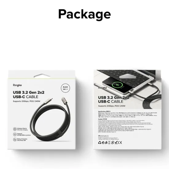 Cablu de Date Type-C la Type-C, 240W, 2m - Ringke - Black Cablu de Date Type-C la Type-C, 240W, 2m - Ringke - Black