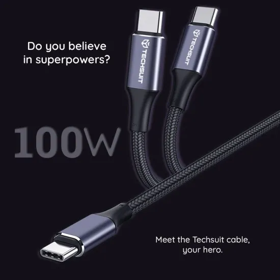 Cablu de date Type-C la Type-C, Super Fast Charging, PD100W, 480Mbps - Techsuit (PCB018) - Black Cablu de date Type-C la Type-C, Super Fast Charging, PD100W, 480Mbps - Techsuit (PCB018) - Black