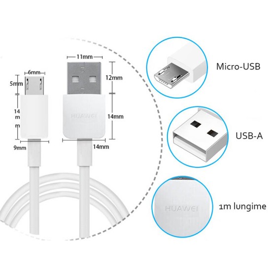 Cablu de Date USB la Micro-USB, 2A, 1m - Huawei (CP70) - White (Blister Packing)