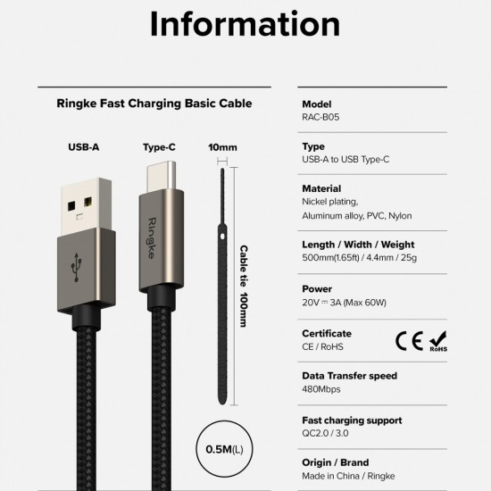 Cablu de Date USB la Type-C, 60W, 0.5m - Ringke - Black