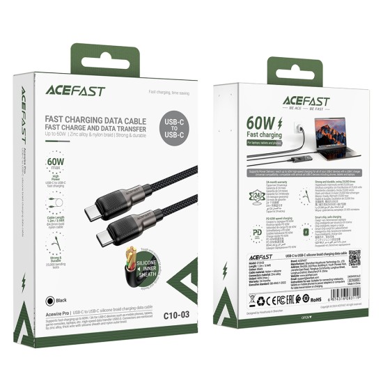 Cablu de incarcare, Type-C to Type-C, 60W, High-Speed Charging, 1.2m - Acefast (C10-03) - Black