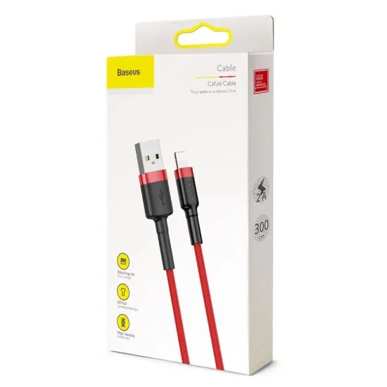 Cablu USB la Lightning, QC3.0, 2A, 3m - Baseus Cafule (CALKLF-R09) - Red Cablu USB la Lightning, QC3.0, 2A, 3m - Baseus Cafule (CALKLF-R09) - Red