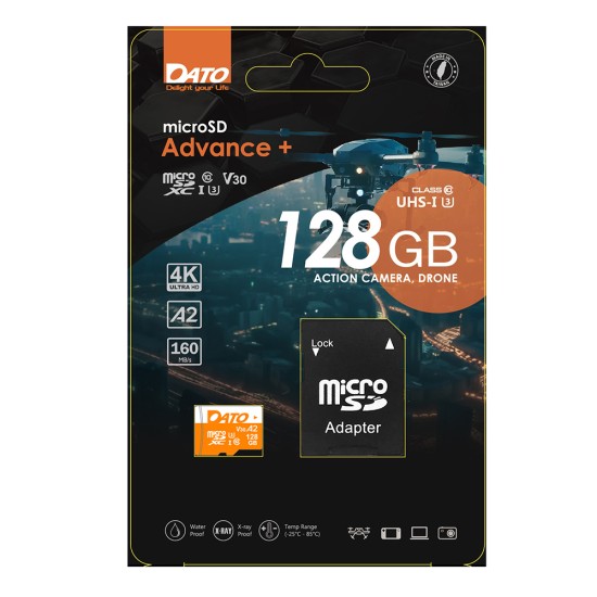 Card de Memorie cu Adaptor, Micro SDXC, 128GB, U3, A2, V30 - Dato Advance+ (DTTF128GU3A2V30AP) - Black