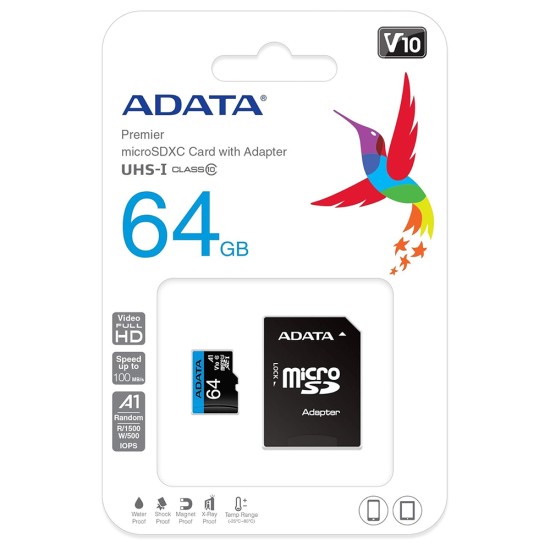 Card de Memorie MicroSDHXC 64GB - Adata (AUSDX64GUICL10A1-RA1) - Black