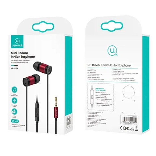 Casti Audio cu Fir si Microfon, Jack 3.5mm, 1.2m - Usams EP-46 Mini (HSEP4602) - Red