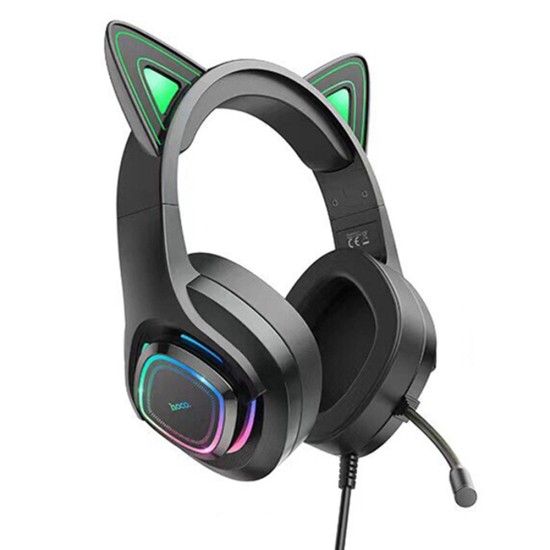 Casti Gaming Jack 3.5mm cu LED si Microfon - Hoco Cat Ears (W107)  - Black / Green