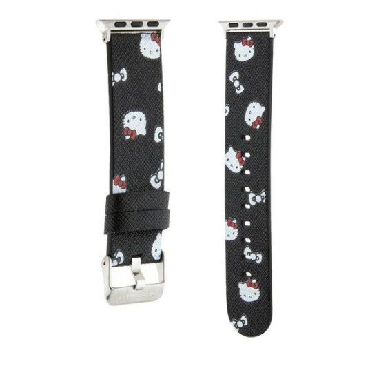 Curea pentru Apple Watch 1/2/3/4/5/6/7/8/9/10/SE/SE 2 (38/40/41/42mm) - Hello Kitty Strap Leather Heads & Bows Pattern (HKAWMPSAPSK) - Black