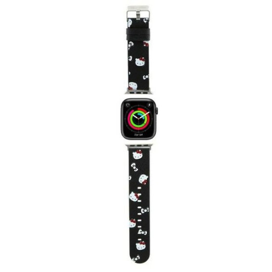 Curea pentru Apple Watch 1/2/3/4/5/6/7/8/9/10/SE/SE 2 (38/40/41/42mm) - Hello Kitty Strap Leather Heads & Bows Pattern (HKAWMPSAPSK) - Black