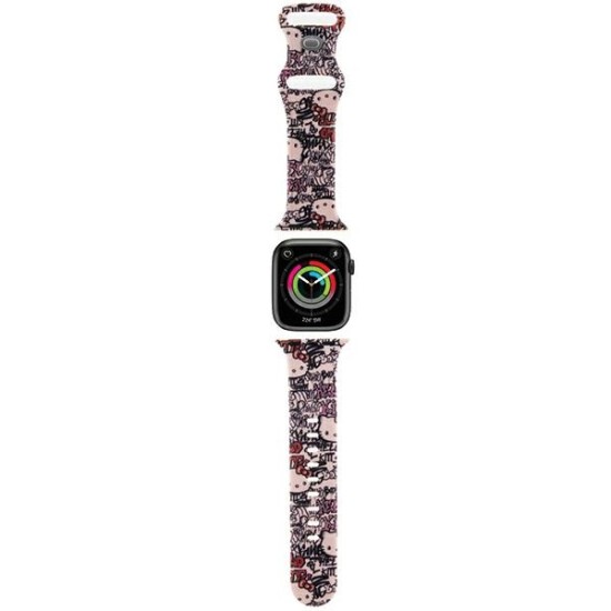 Curea pentru Apple Watch 1/2/3/4/5/6/7/8/9/10/SE/SE 2 (38/40/41/42mm) - Hello Kitty Strap Silicone Tags Graffiti (HKAWMSDGPTP) - Pink