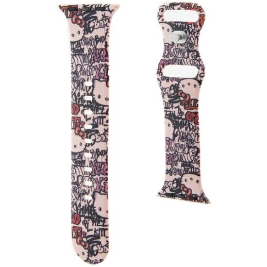 Curea pentru Apple Watch 1/2/3/4/5/6/7/8/9/10/SE/SE 2 (38/40/41/42mm) - Hello Kitty Strap Silicone Tags Graffiti (HKAWMSDGPTP) - Pink