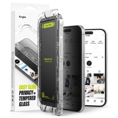 Folie pentru iPhone 16 Plus / iPhone 15 Plus (set 2) - Ringke Easy Slide Tempered Glass - Privacy Folie pentru iPhone 16 Plus / iPhone 15 Plus (set 2) - Ringke Easy Slide Tempered Glass - Privacy