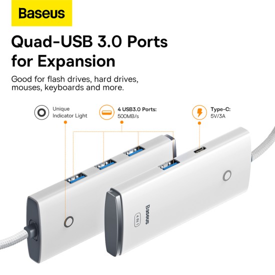 Hub USB-C la 4x USB 3.0, Type-C, 1m - Baseus Lite Series (WKQX030402) - White