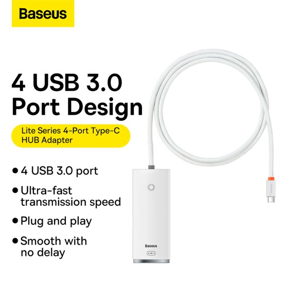 Hub USB-C la 4x USB 3.0, Type-C, 1m - Baseus Lite Series (WKQX030402) - White