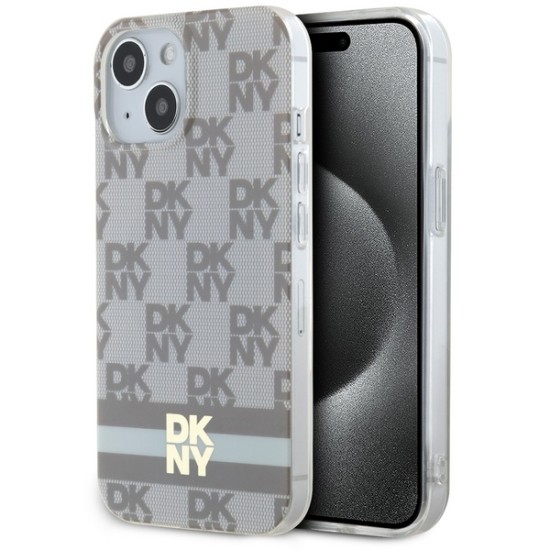 Husa iPhone 15 - DKNY IML Checkered Mono Pattern & Printed Stripes MagSafe (DKHMP15SHCPTSE) - Beige