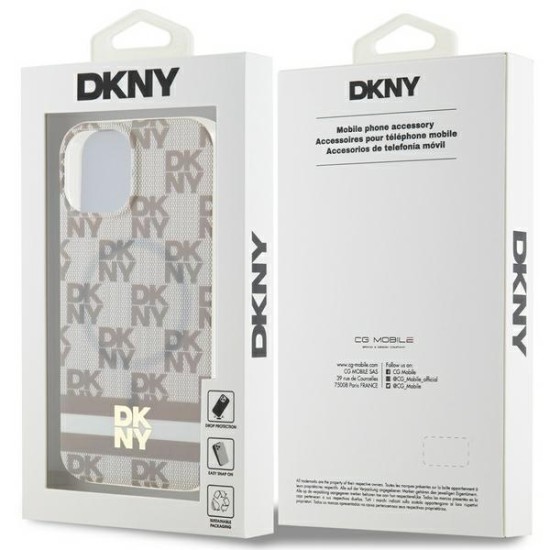 Husa iPhone 15 - DKNY IML Checkered Mono Pattern & Printed Stripes MagSafe (DKHMP15SHCPTSE) - Beige