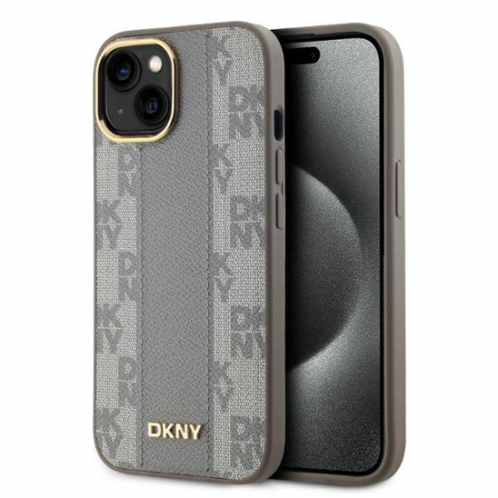 Husa iPhone 15 - DKNY Leather Checkered Mono Pattern MagSafe (DKHMP15SPCPVSLE) - Beige