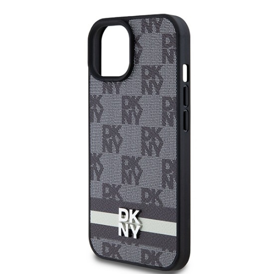 Husa iPhone 15 - DKNY Leather Checkered Mono Pattern & Printed Stripes (DKHCP14SPCPTSSK) - Black