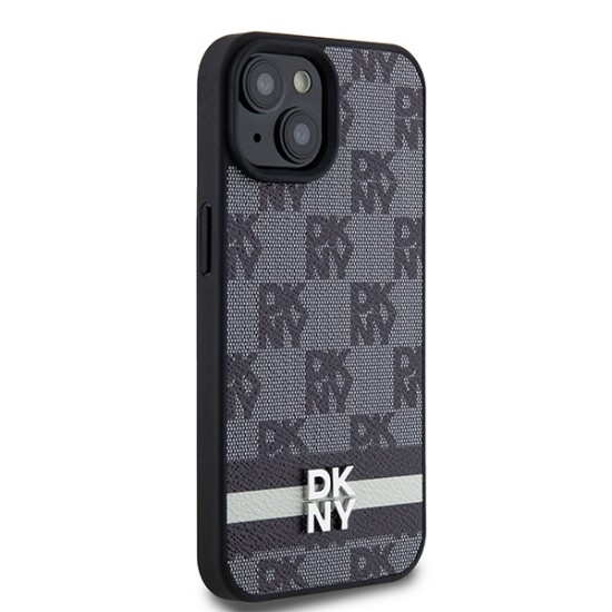 Husa iPhone 15 - DKNY Leather Checkered Mono Pattern & Printed Stripes (DKHCP14SPCPTSSK) - Black