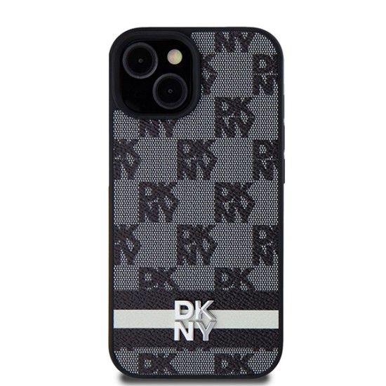 Husa iPhone 15 - DKNY Leather Checkered Mono Pattern & Printed Stripes (DKHCP14SPCPTSSK) - Black