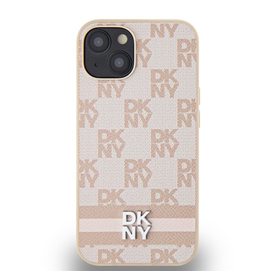 Husa iPhone 15 - DKNY Leather Checkered Mono Pattern & Printed Stripes (DKHCP14SPCPTSSP) - Pink