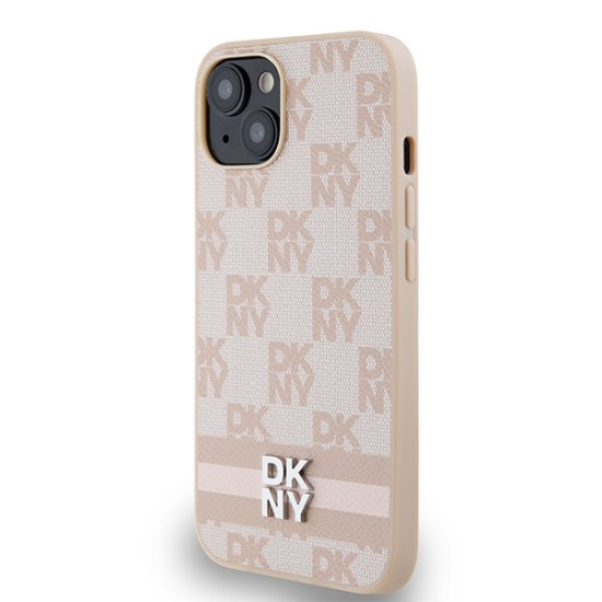 Husa iPhone 15 - DKNY Leather Checkered Mono Pattern & Printed Stripes (DKHCP14SPCPTSSP) - Pink