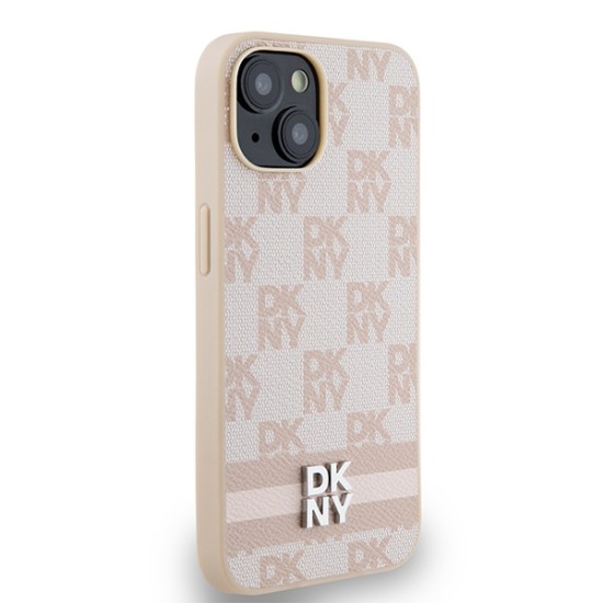 Husa iPhone 15 - DKNY Leather Checkered Mono Pattern & Printed Stripes (DKHCP14SPCPTSSP) - Pink