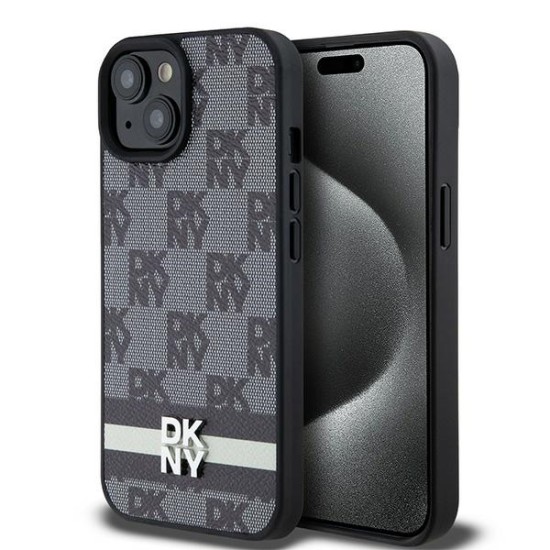 Husa iPhone 15 - DKNY Leather Checkered Mono Pattern & Printed Stripes (DKHCP15SPCPTSSK) - Black