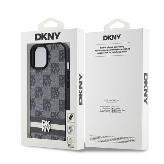 Husa iPhone 15 - DKNY Leather Checkered Mono Pattern & Printed Stripes (DKHCP15SPCPTSSK) - Black