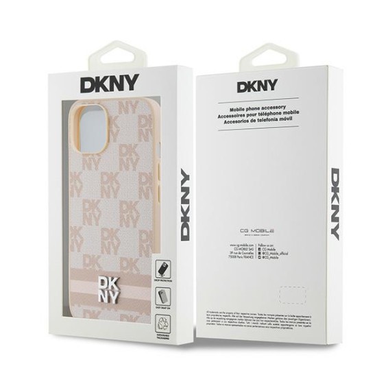 Husa iPhone 15 - DKNY Leather Checkered Mono Pattern & Printed Stripes (DKHCP15SPCPTSSP) - Pink