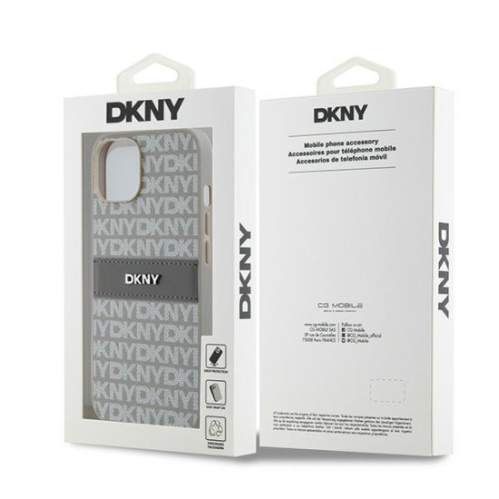 Husa iPhone 15 - DKNY Leather Mono Stripe & Metal Logo (DKHCP14SPRTHSLE) - Beige