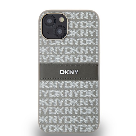 Husa iPhone 15 - DKNY Leather Mono Stripe & Metal Logo (DKHCP14SPRTHSLE) - Beige